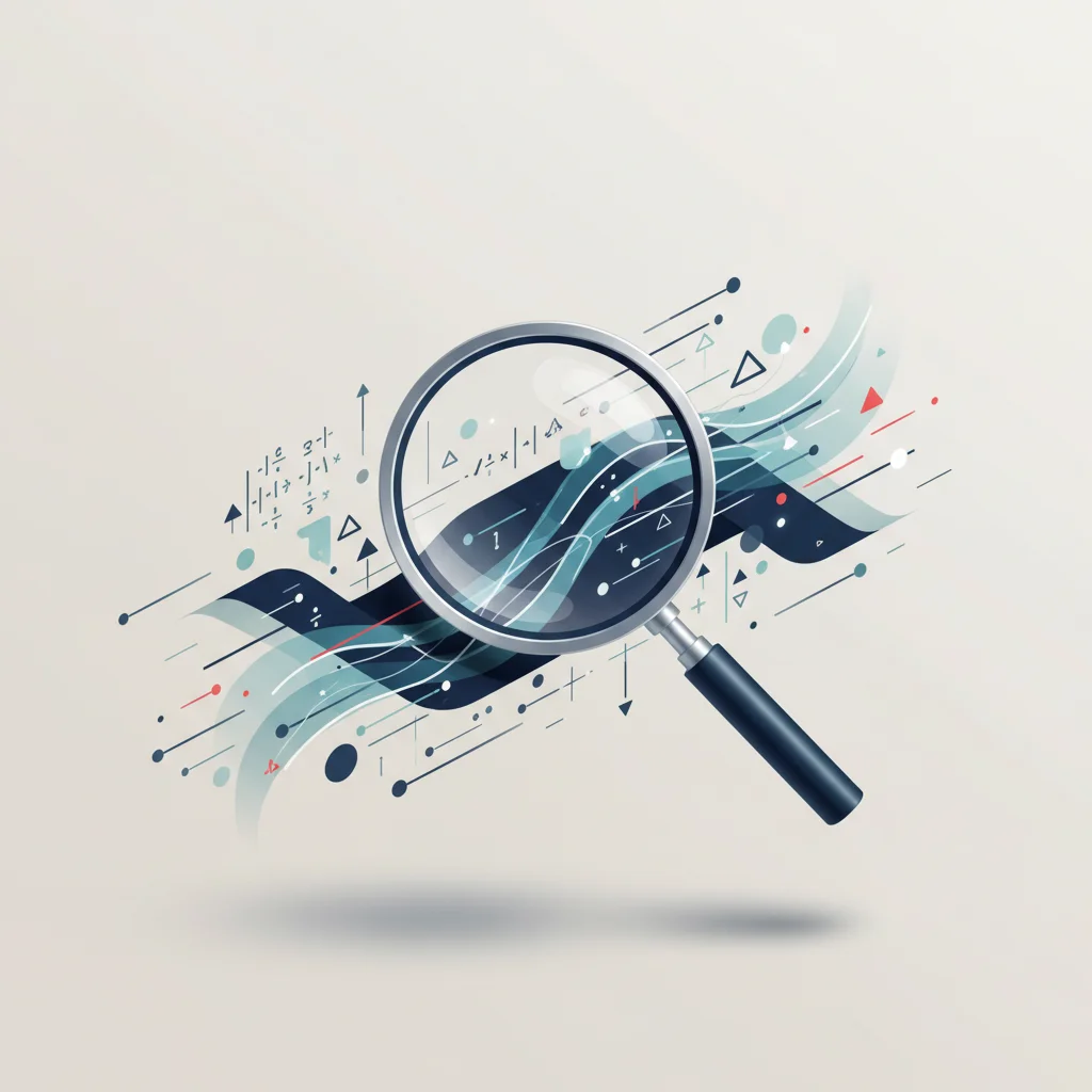 Minimalist corporate audit representation with abstract magnifying elements over structured matrices