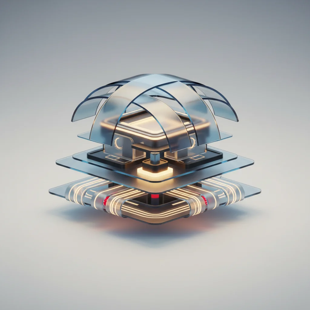 A clean, modern conceptual illustration showing layered business departments integrated with advanced AI systems