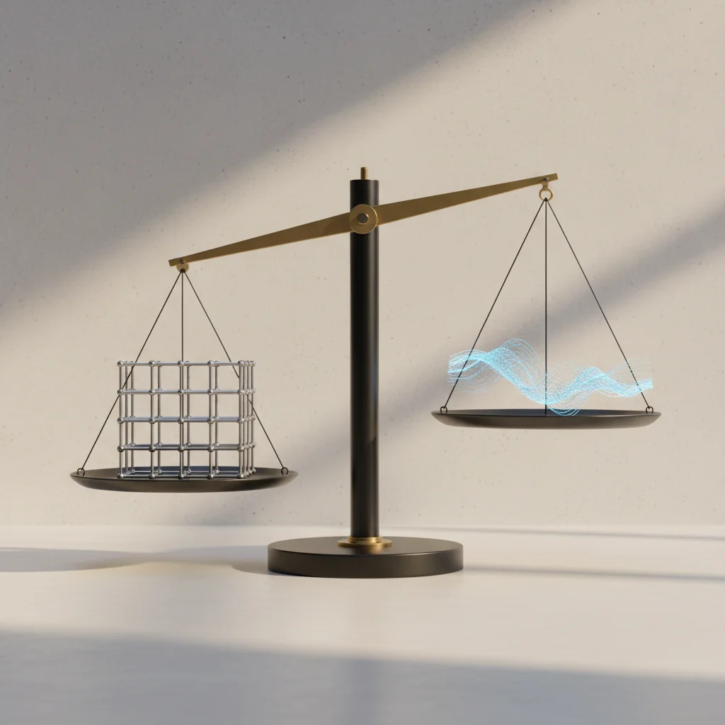 A symbolic editorial illustration of a modern balance scale holding a geometric cube on one side and a fluid wave on the other, representing the balance between control and flexibility.