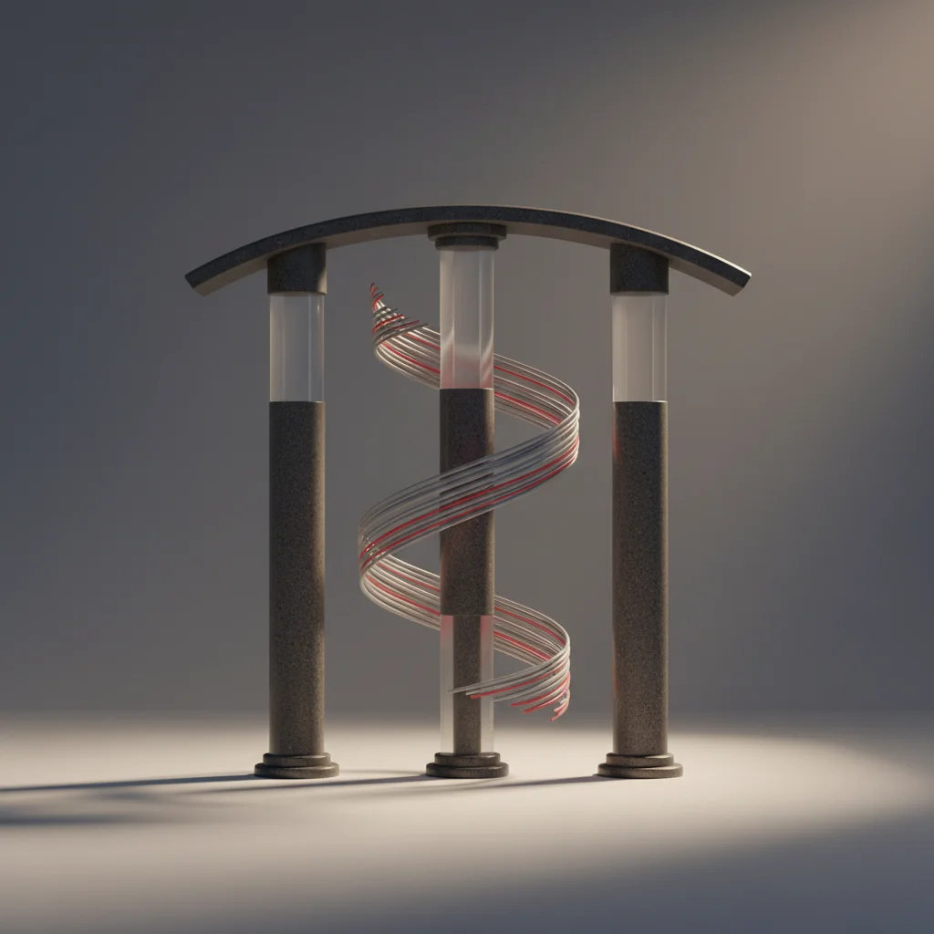 A symbolic editorial illustration representing transparency, inspection, and adaptation using three interconnected architectural pillars under a golden ratio spiral.