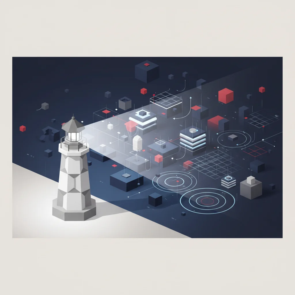 An abstract concept of a digital lighthouse aligning disordered blocks into geometric pathways