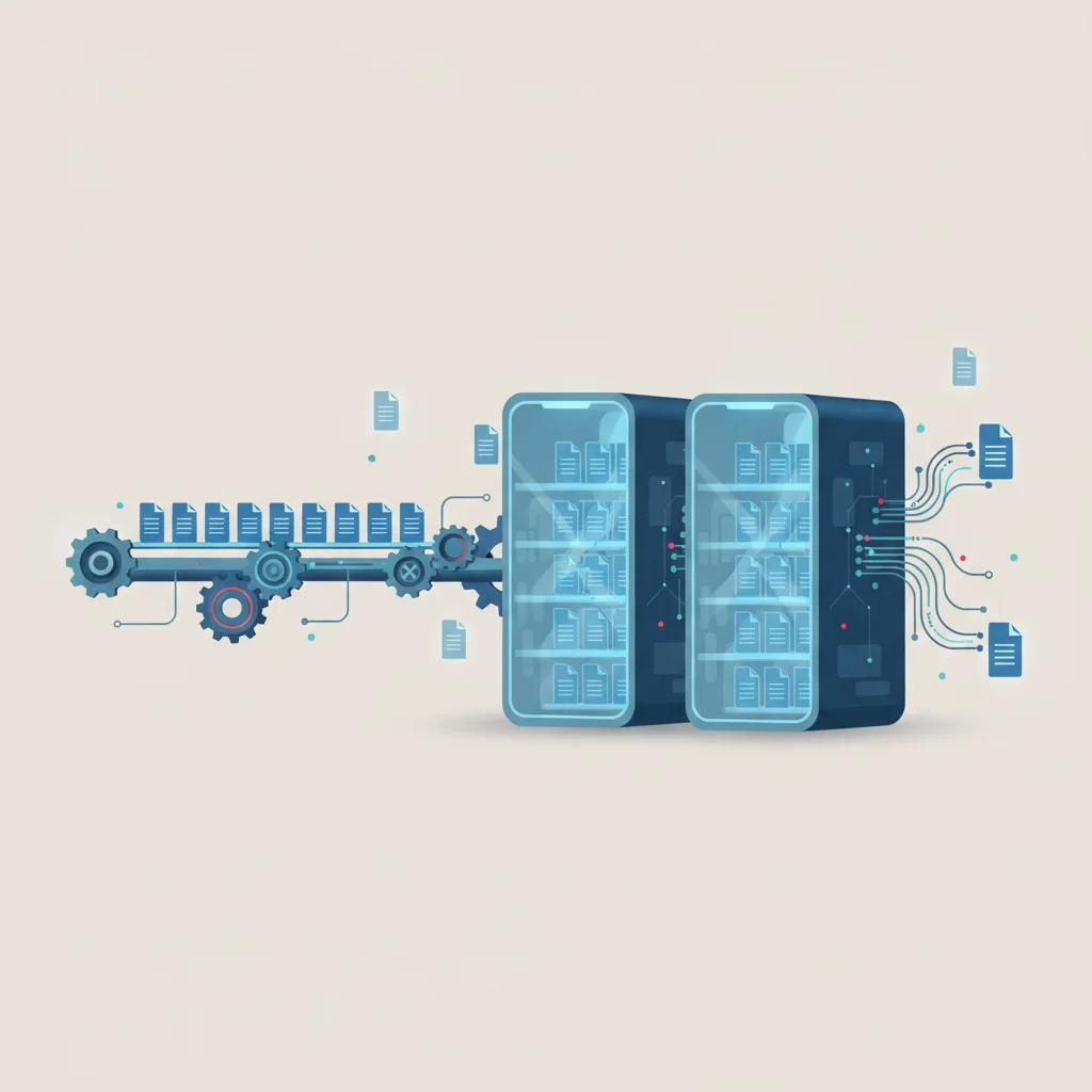 A symbolic editorial illustration depicting the linear flow of traditional search engine crawlers indexing web directories