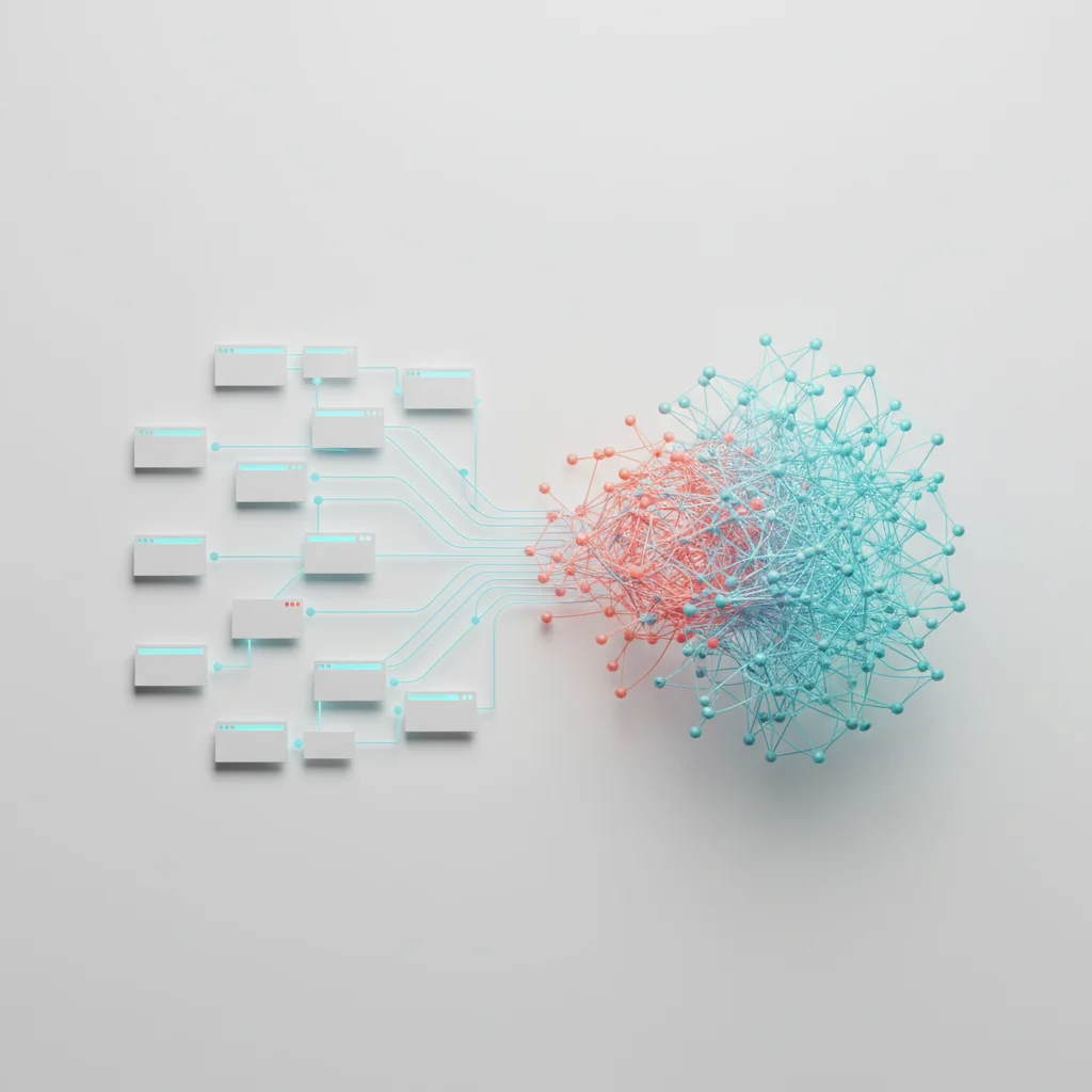 A symbolic visual depicting the transition from linear hyperlink connections to an interconnected neural network representation of brand authority