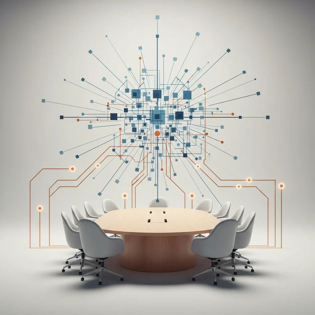 A symbolic corporate office scene where glowing mathematical structures blend with organizational pathways