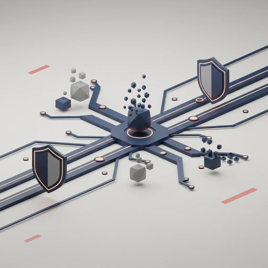 A professional editorial illustration showing secure digital pathways, clean blocks, and defensive security shields