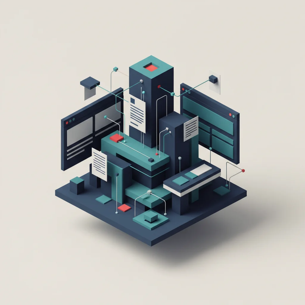 A professional symbolic illustration depicting structured web design layouts and abstract node connections representing automated workflows