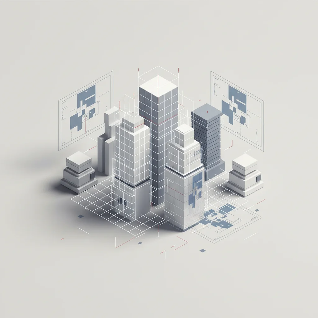 An abstract editorial graphic of clean wireframe grids and structural design blueprints evolving into organized modules