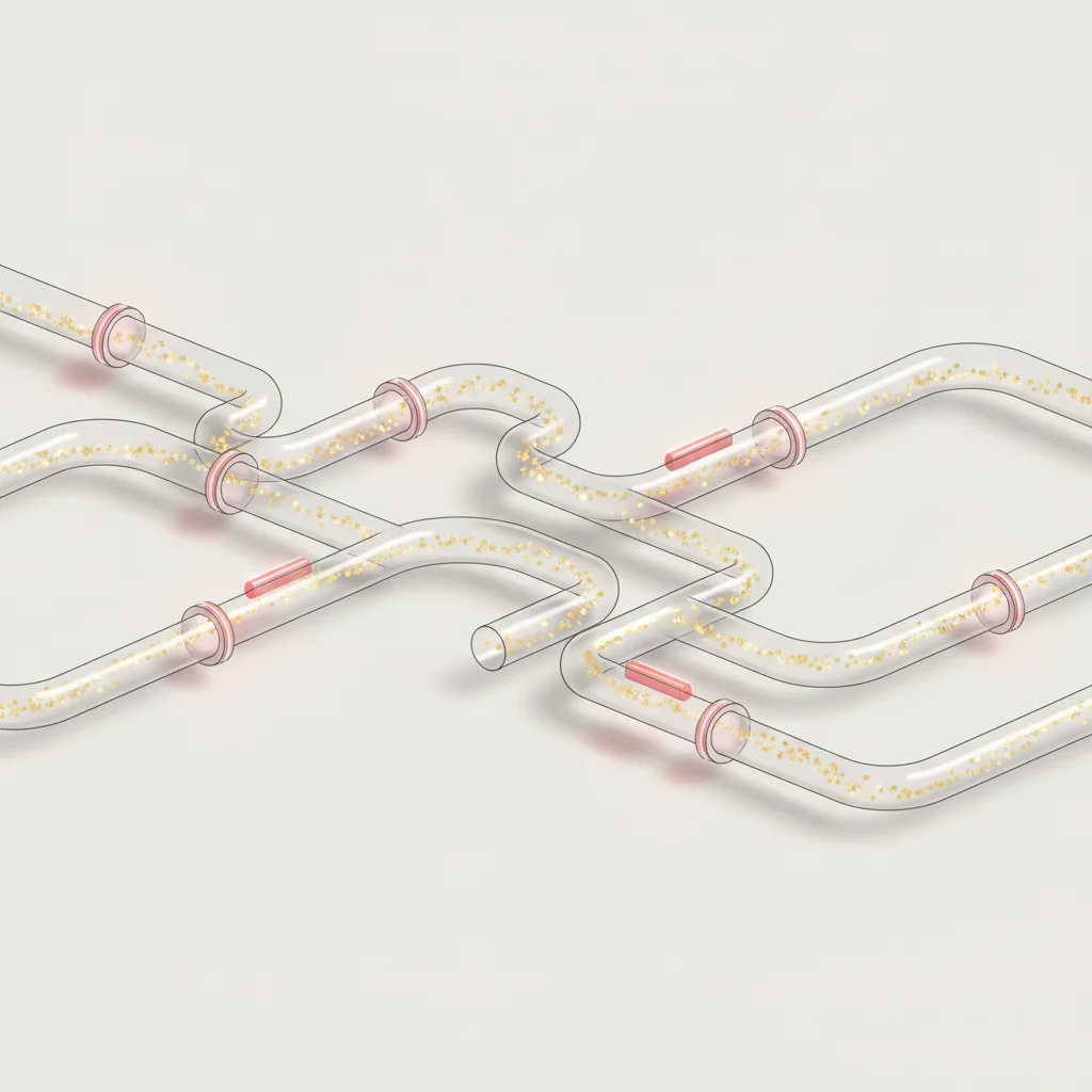 Symbolic editorial illustration of a regulated digital pipeline representing token-based pricing and limits