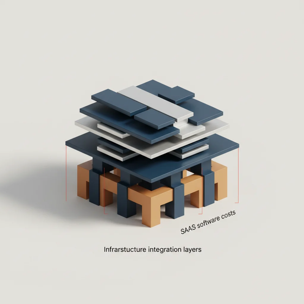 Symbolic editorial illustration showing a corporate building with geometric layers representing pricing systems