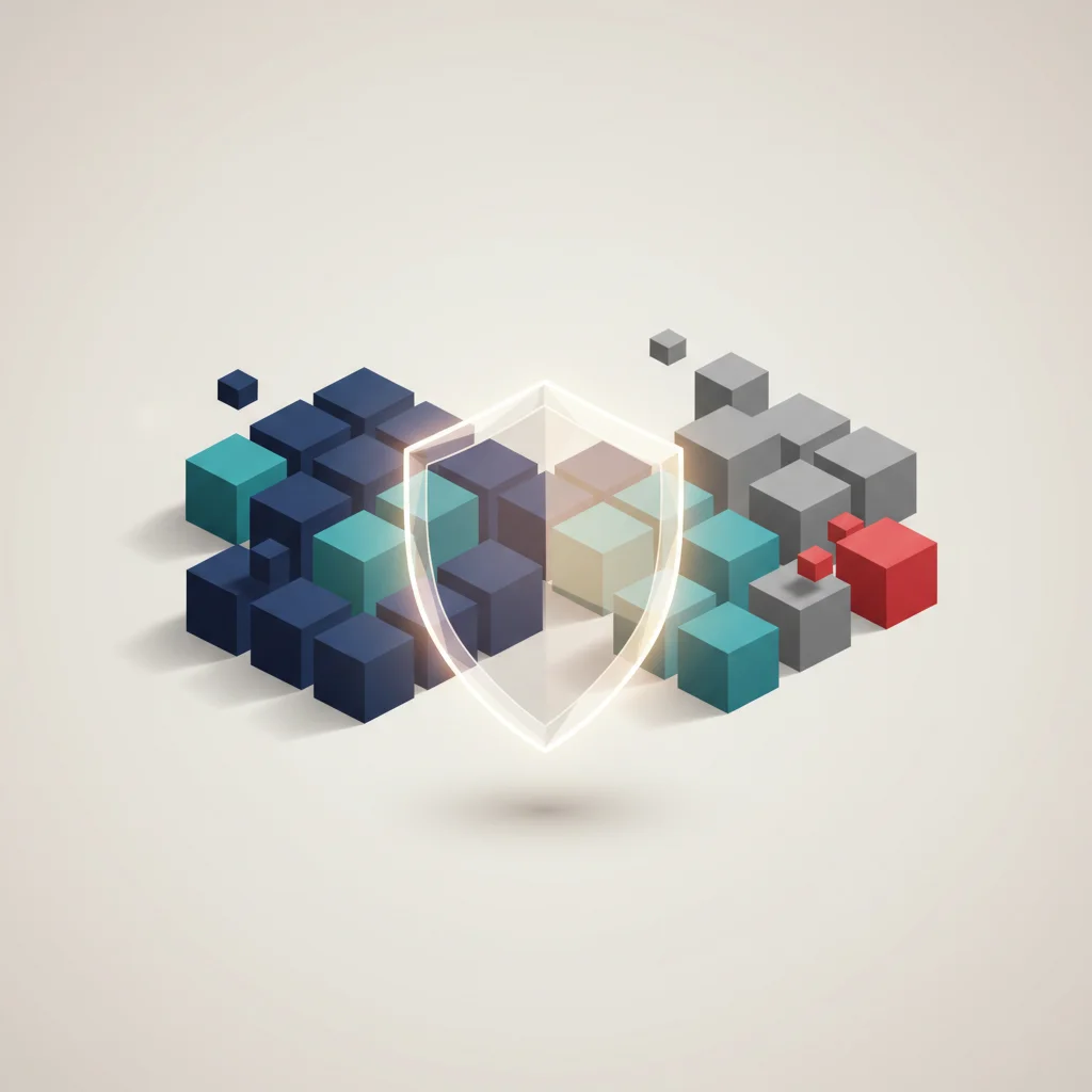Symbolic editorial illustration of a glowing shield surrounding structured files to represent compliance