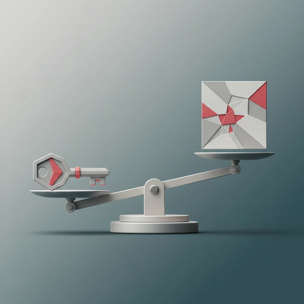 A symbolic editorial illustration showcasing a modern digital scale balancing corporate security protocols with innovative design canvases, rendered in charcoal, light teal, and deep blue.