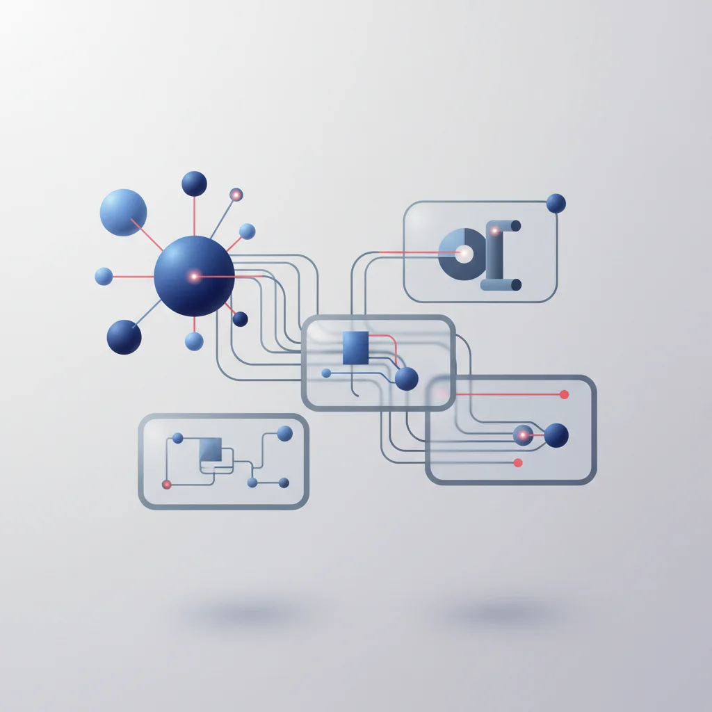 A symbolic editorial illustration showcasing abstract data nodes converting into clean, organized, floating geometric presentation templates in corporate blue and slate gray.
