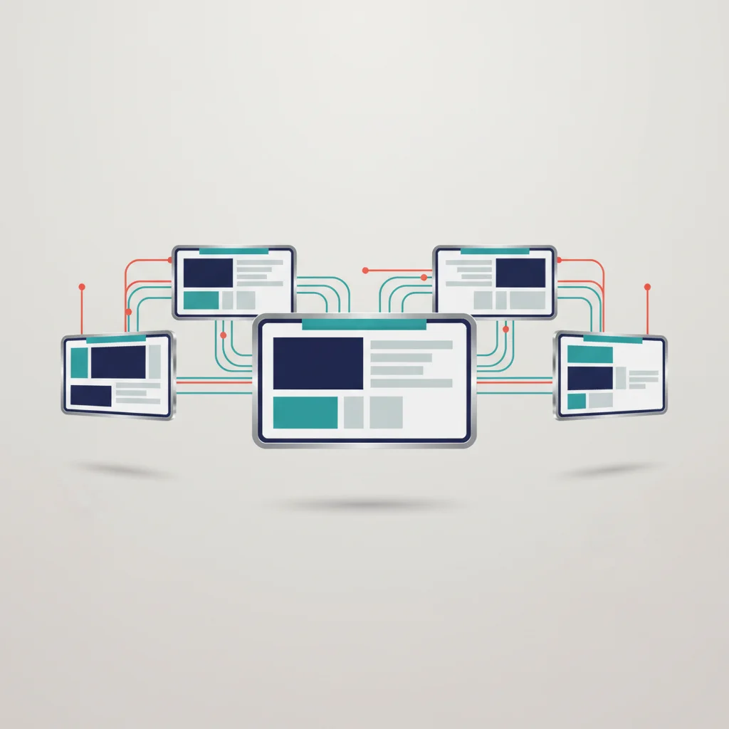 A symbolic editorial illustration showing a series of glowing, interconnected digital displays, each displaying distinct layout styles and brand assets in a cohesive slate blue environment.