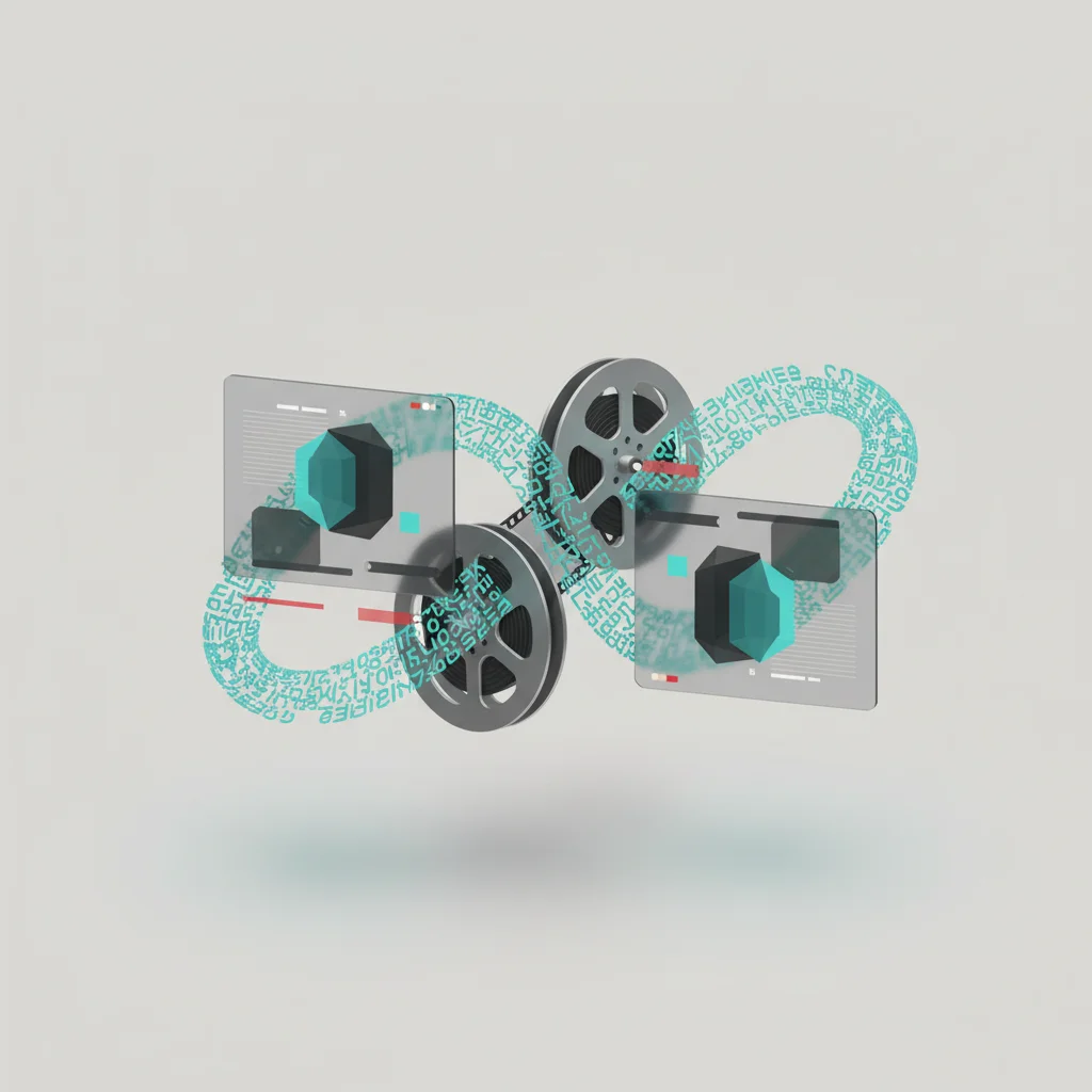 A symbolic editorial illustration showing stylized cloud processors rendering textual instructions into high-fidelity cinematic video frames.
