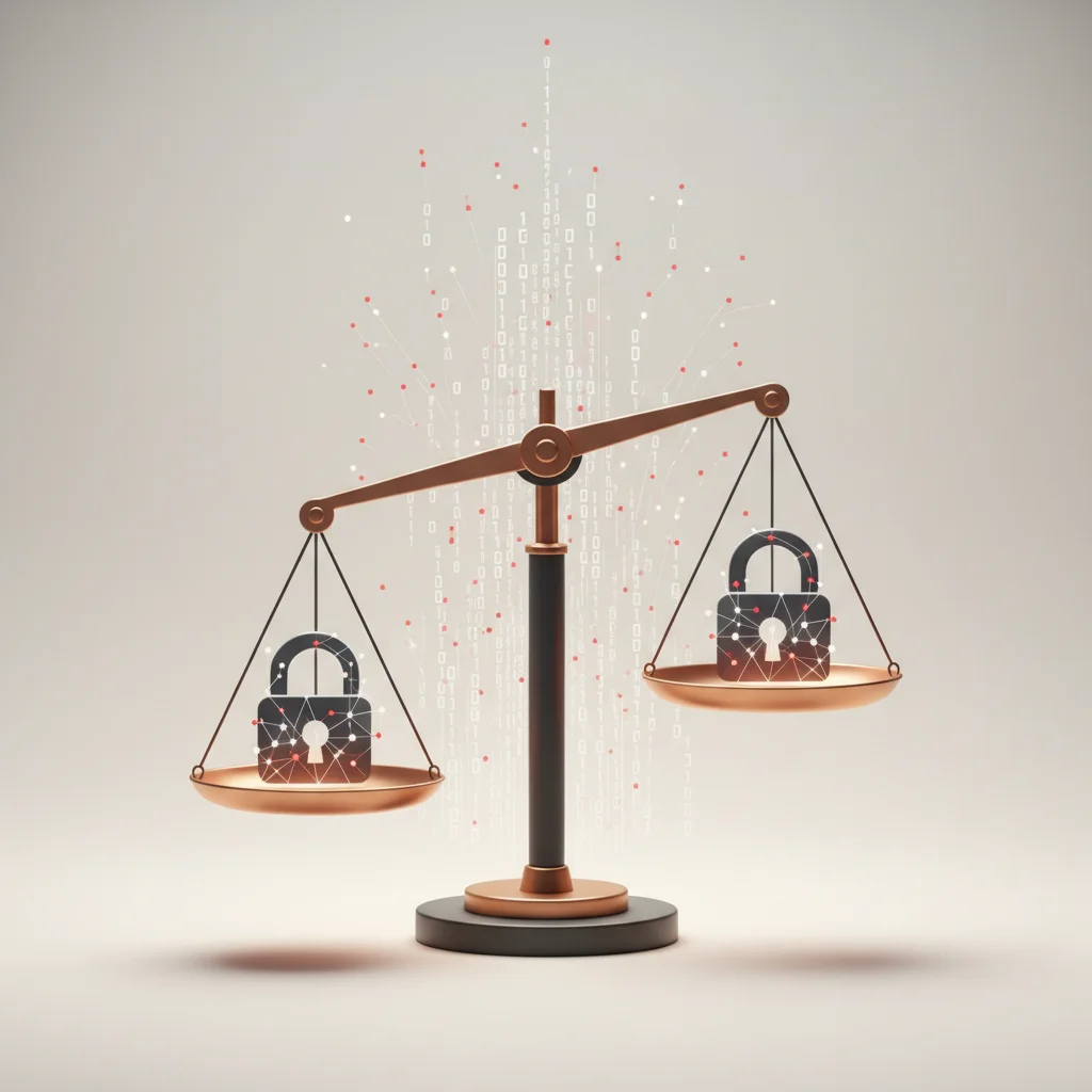 A symbolic editorial illustration of a stylized balance scale representing legal compliance, intersecting with digital lines and security seals.