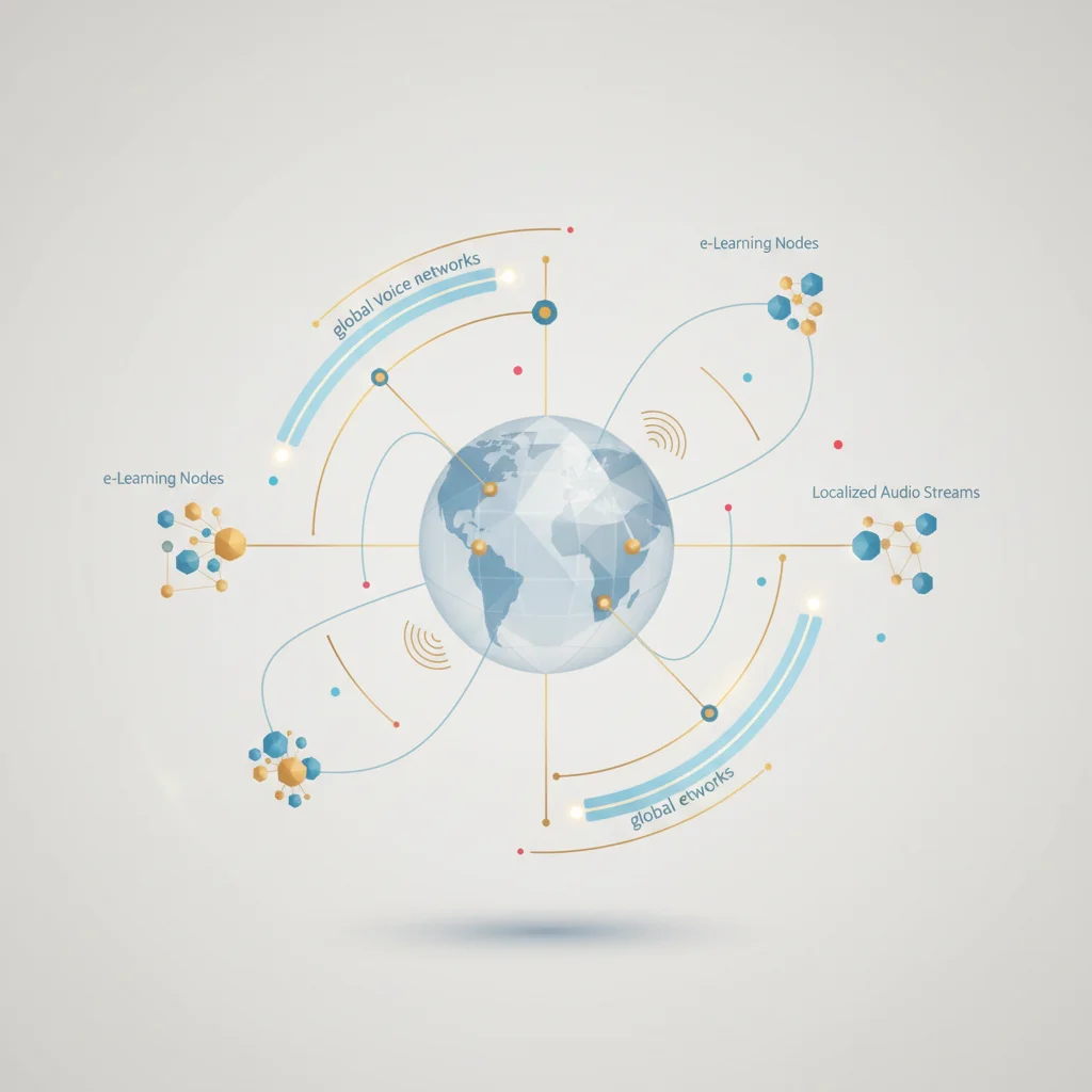 Abstract multi-layered visualization of a digital globe surrounded by distinct channels such as e-learning, publishing, and customer care audio signals