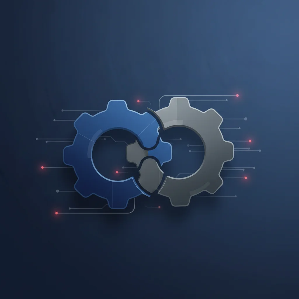 An editorial-style symbolic illustration showing two complex, interlocking gears of different colors and patterns, representing Google and Meta, striving to align their tracks