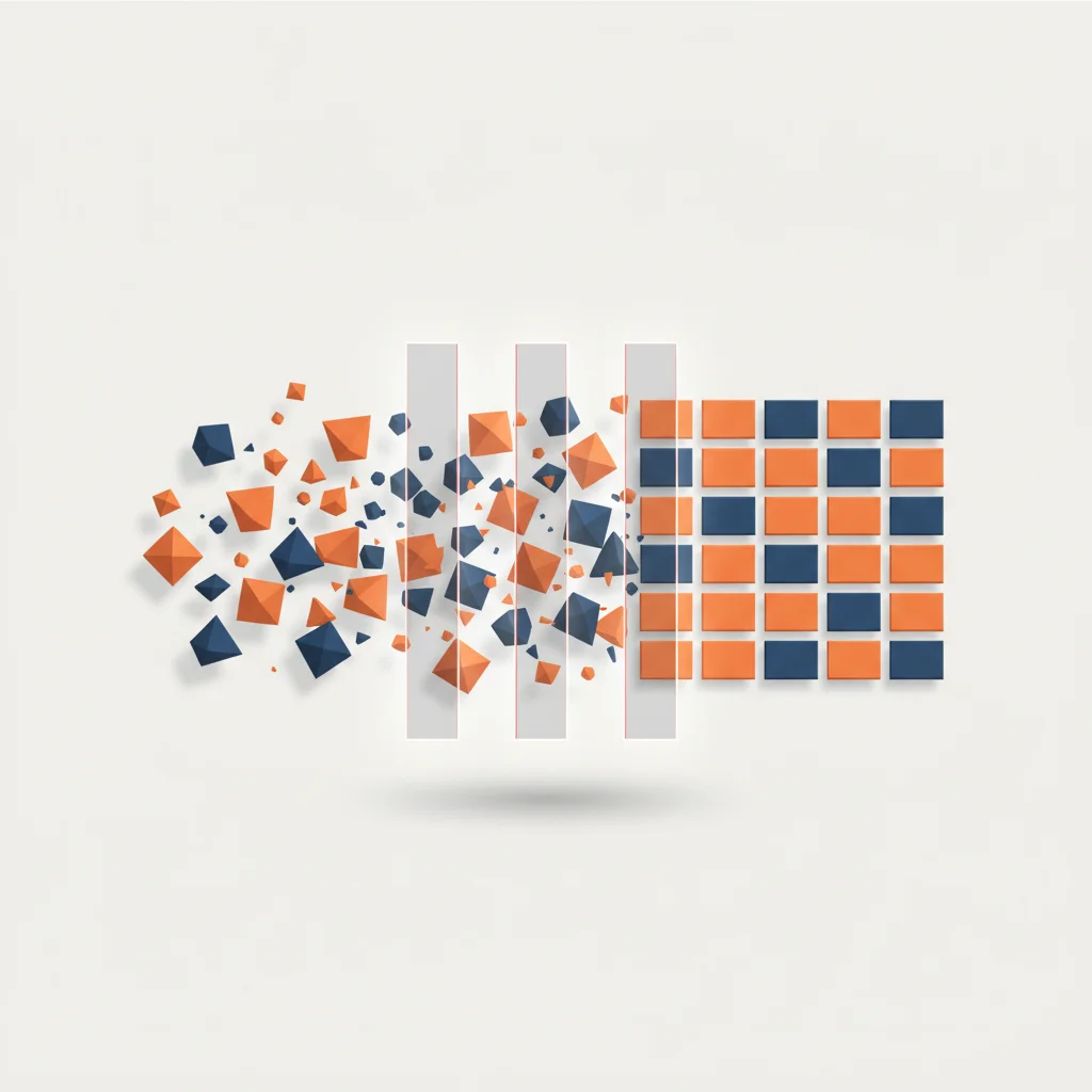 An abstract visual representation of complex, colored shapes blending into a perfectly aligned rectangular layout