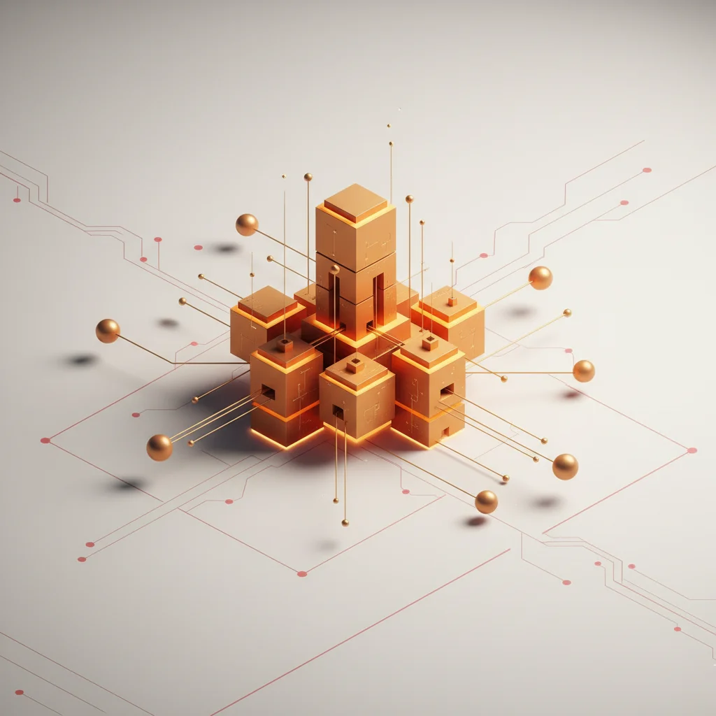 A conceptual illustration of a vast, highly secure digital cloud fortress built from modular components, illuminated with orange and gold lights.