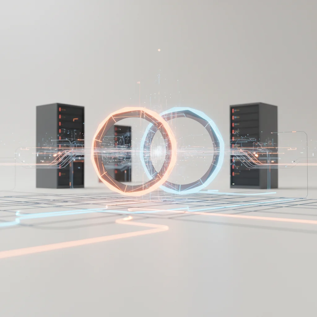 An abstract editorial illustration showing three interconnected technological rings representing AWS, Azure, and Google Cloud, surrounded by network data streams and servers.