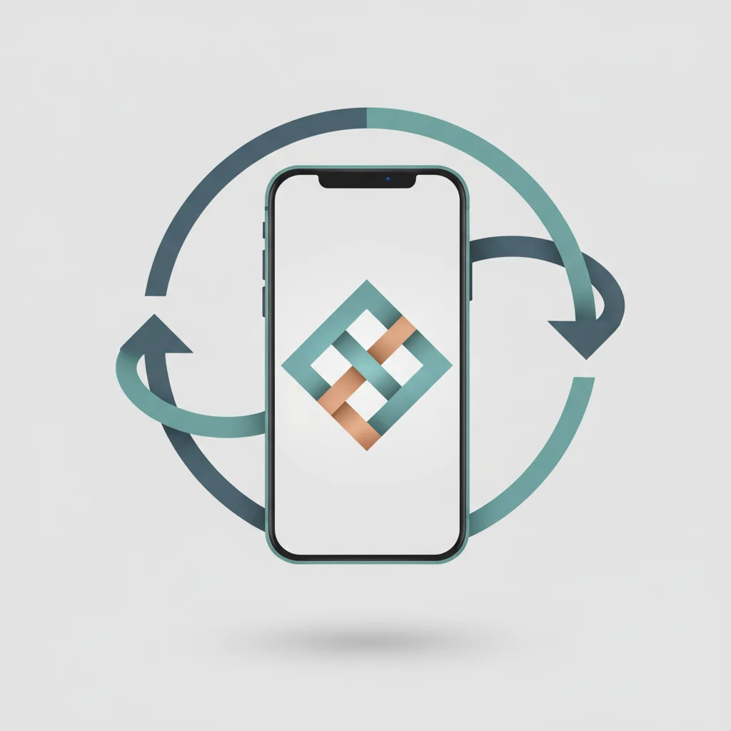 An editorial illustration of an abstract customer lifecycle loop feeding into a central mobile application icon, showing continuous customer lifetime value.