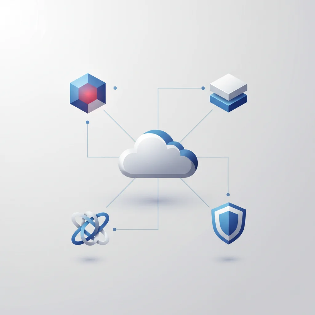 An abstract technical illustration showing four distinct architectural modules interacting with a centralized cloud database, representing different SaaS accounting tools.