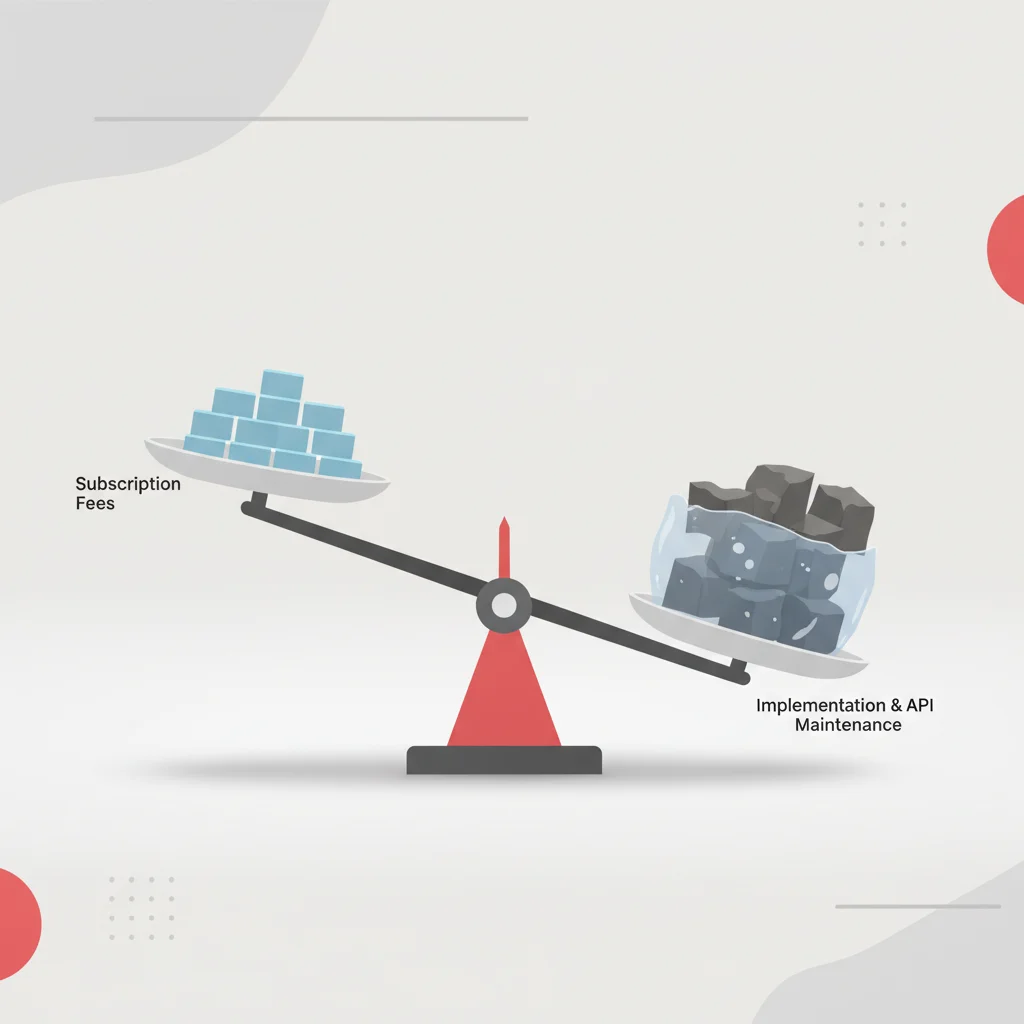 An abstract editorial illustration showing a geometric scale balancing visible SaaS pricing blocks with larger hidden infrastructure costs.
