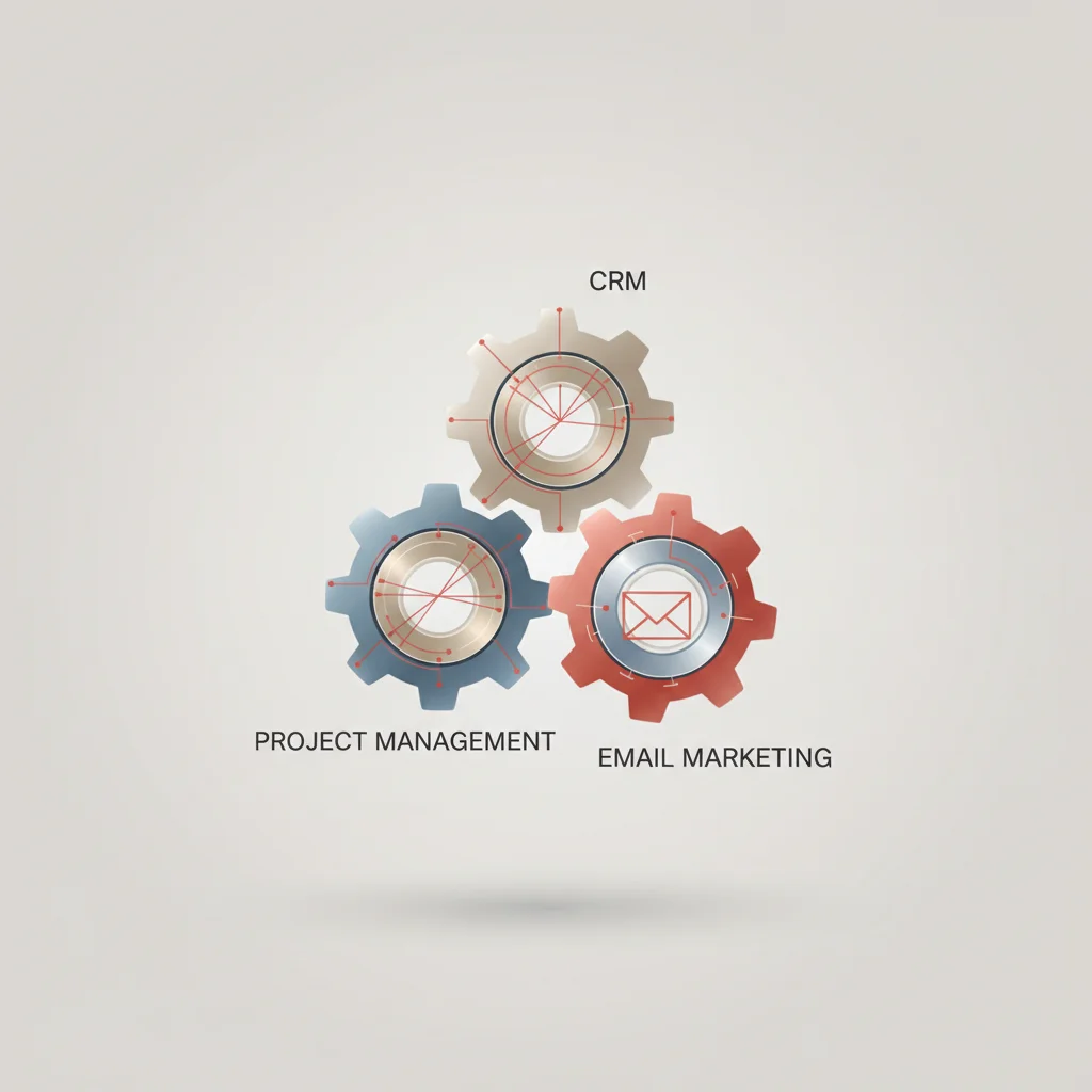 Minimalist illustration of four interconnected gears labeled CRM, Project Management, Accounting, and Email Marketing