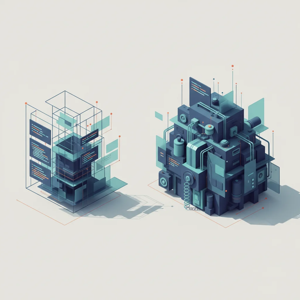 A symbolic abstract digital illustration comparing a streamlined modular structure with a massive integrated fortress representing code editors versus IDEs, rendered in 16:9 landscape format.