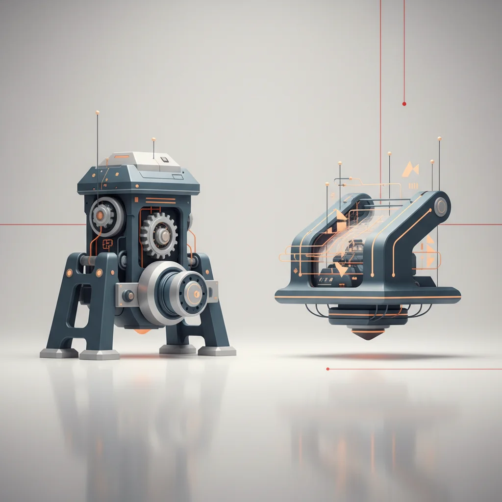 An abstract editorial illustration showing balanced scales of technology components in a 16:9 landscape layout.