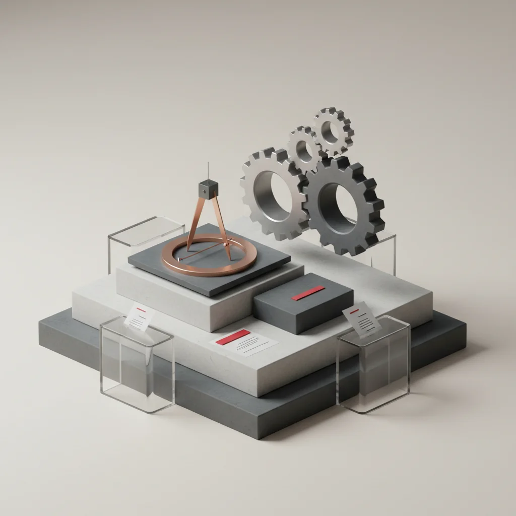 Conceptual editorial art showing multi-layered analytical structures and balance
