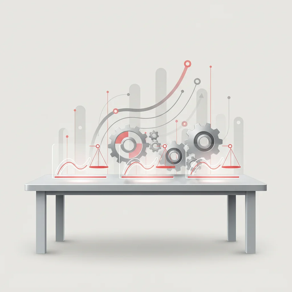 A symbolic editorial depiction of technical evaluation and assessment tools with glowing dials and balancing scales.