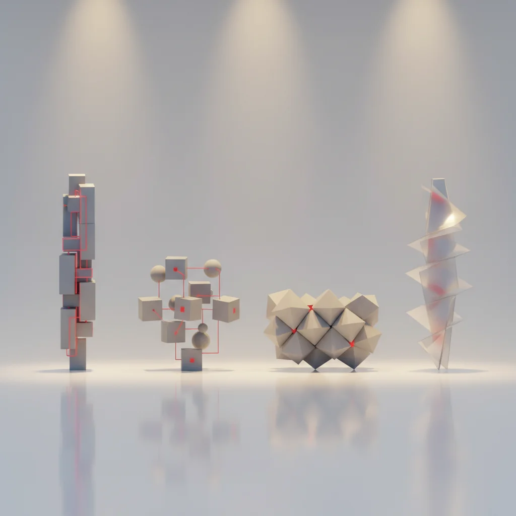 An abstract geometric visualization of four unique architectural models representing different enterprise solutions.