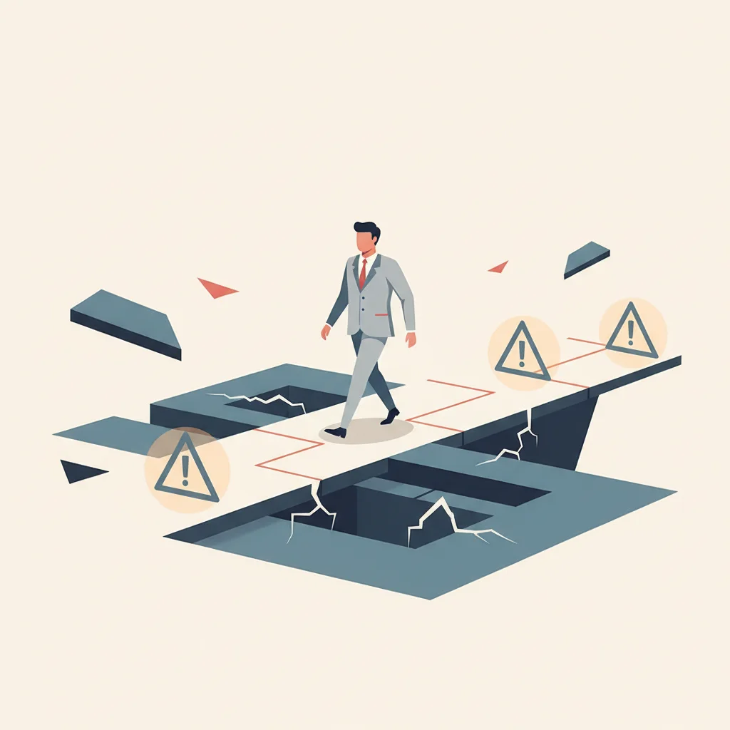 A symbolic editorial depiction of a corporate path with warning indicators and structural security hurdles.