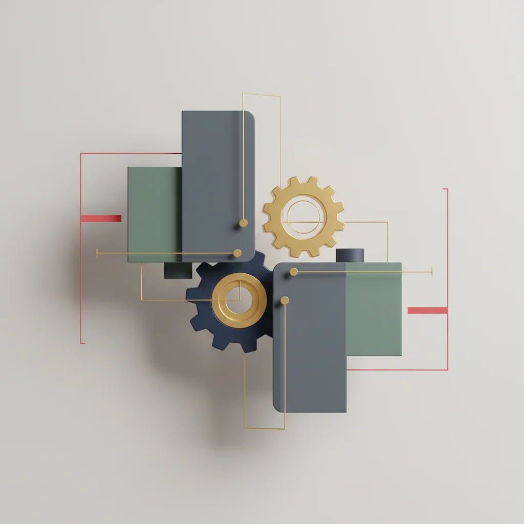 A symbolic editorial illustration showcasing a precise alignment pattern where distinct solutions slot into corporate requirements
