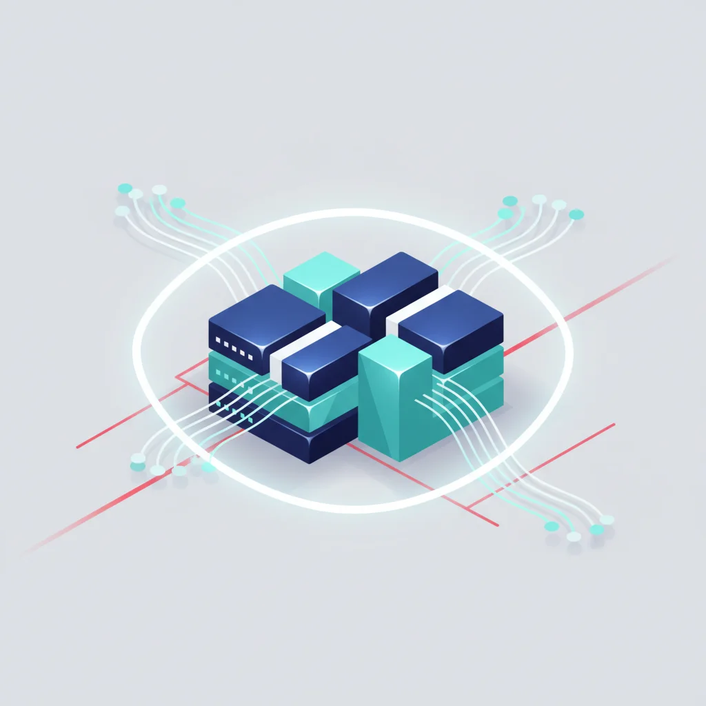 A sophisticated symbolic illustration of interlocking geometric structures representing server components, data streams, and protection shields, in a 16:9 landscape layout.