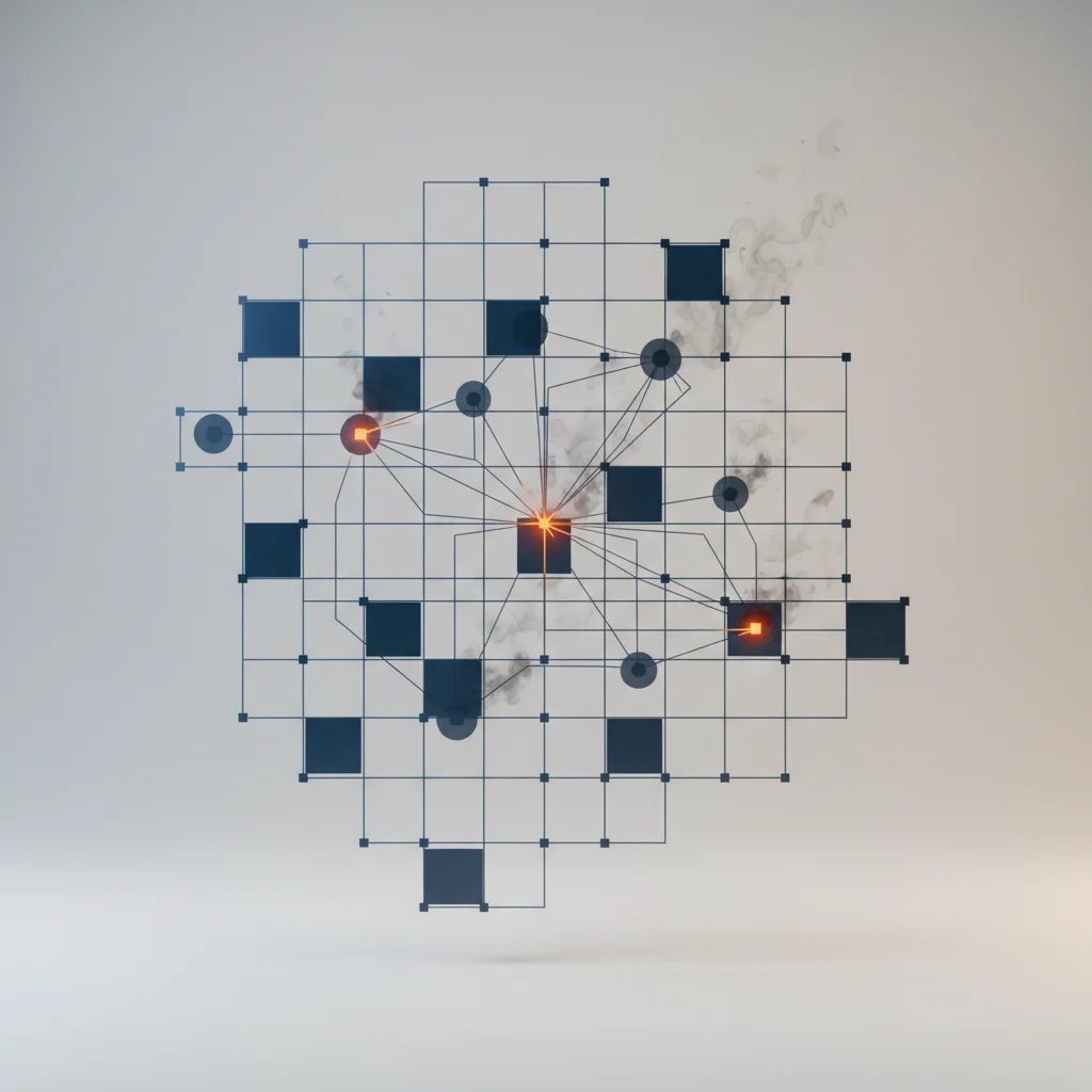 A symbolic editorial illustration showing a fractured digital network grid with fading light nodes, representing server downtime, in a 16:9 landscape composition.