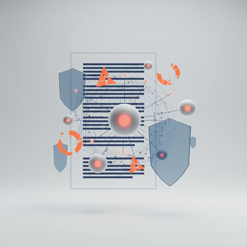 A symbolic illustration of a large digital document overlaid with critical warning markers and interconnected data nodes, in a 16:9 layout.