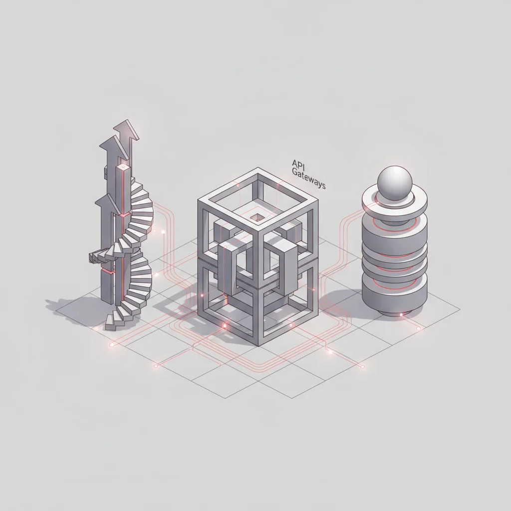 A symbolic 16:9 editorial art piece representing complex architectural pillars of logic, connection, and data flow
