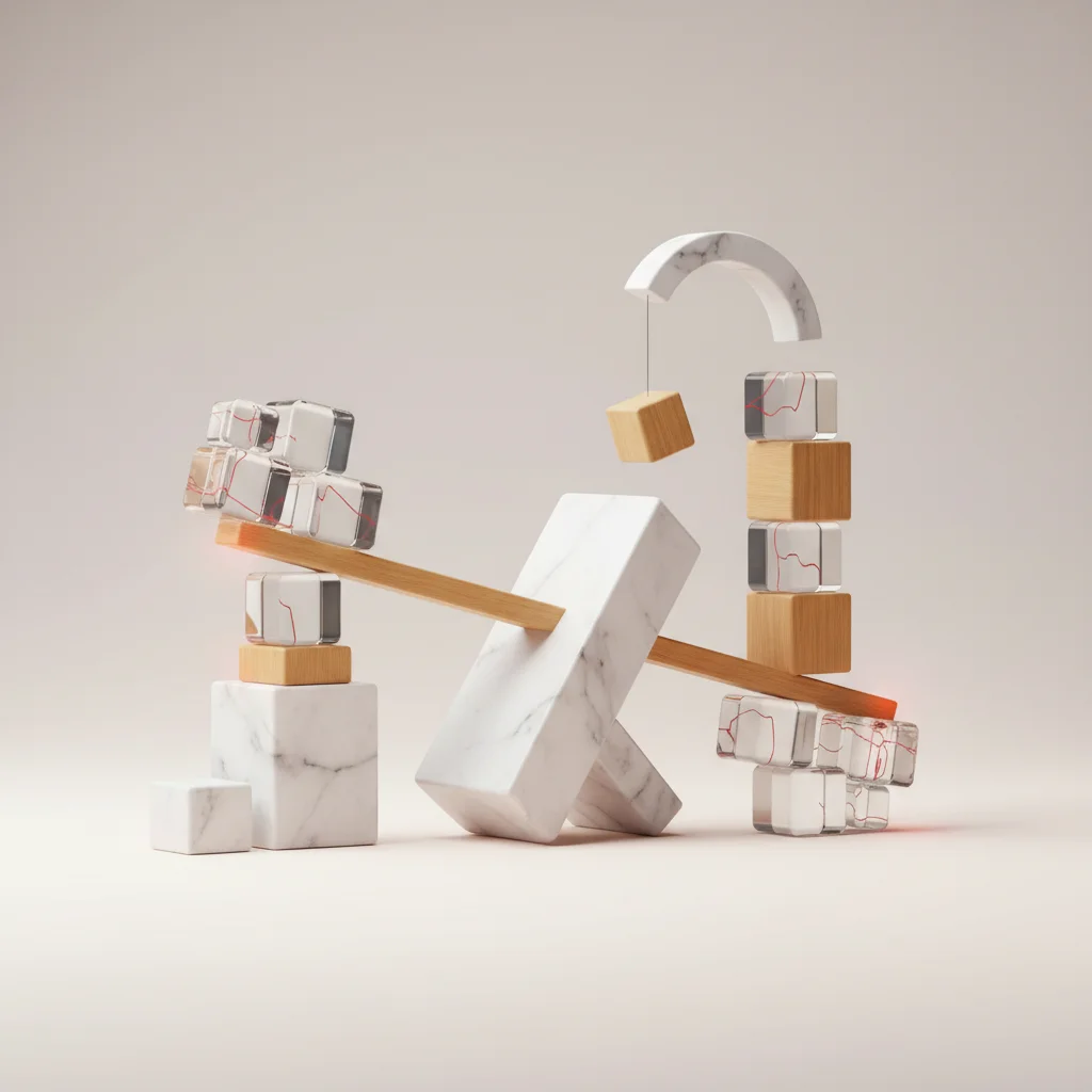 An editorial graphic of a balanced structure made of modern architectural geometric blocks, representing stable and structured platform selection criteria.