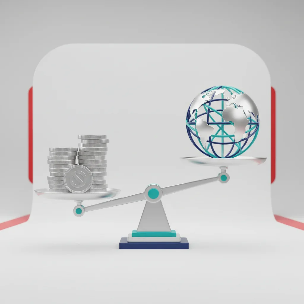 Modern balanced scales illustrating cost optimization versus global scalability in digital payments