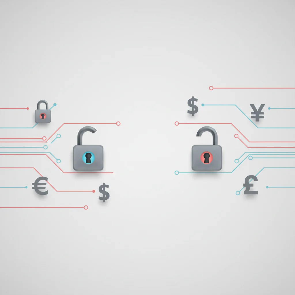 Minimalist corporate-themed abstract graphic of digital transaction flows, currency symbols, and interconnected security nodes