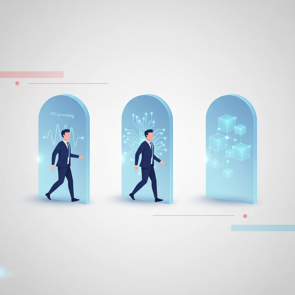 A stylized illustration of a candidate stepping confidently through digital portals representing interviews