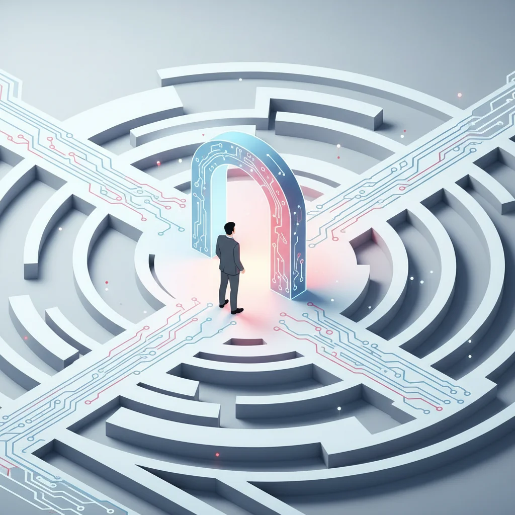 A symbolic editorial illustration showing a professional working on code on a screen while navigating paths of a labyrinth towards a bright opening
