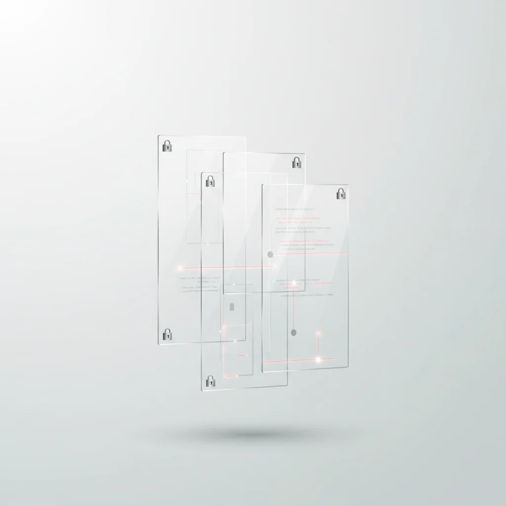 An abstract digital illustration showing layers of encryption, security shields, and locked data nodes, symbolizing corporate privacy and compliance.