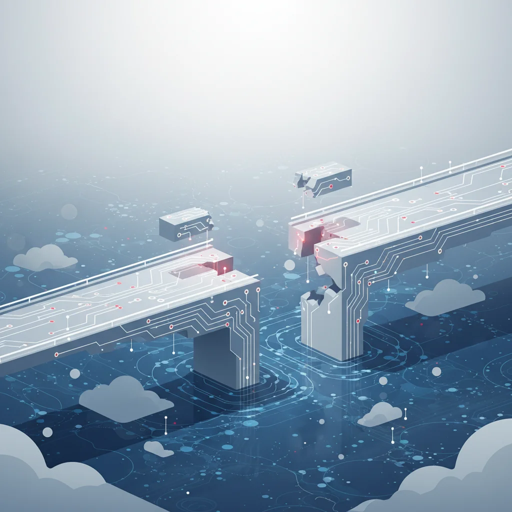 A symbolic editorial illustration depicting a digital bridge with missing structural elements over an ocean of data, representing gaps in customer experience, 16:9 aspect ratio