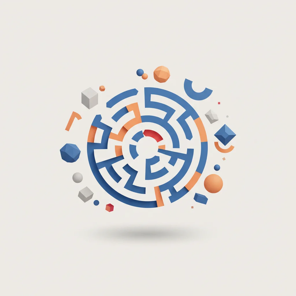An editorial illustration of abstract geometric shapes and pathways overlapping in a chaotic, non-functional pattern, symbolizing UX/UI errors, 16:9 aspect ratio