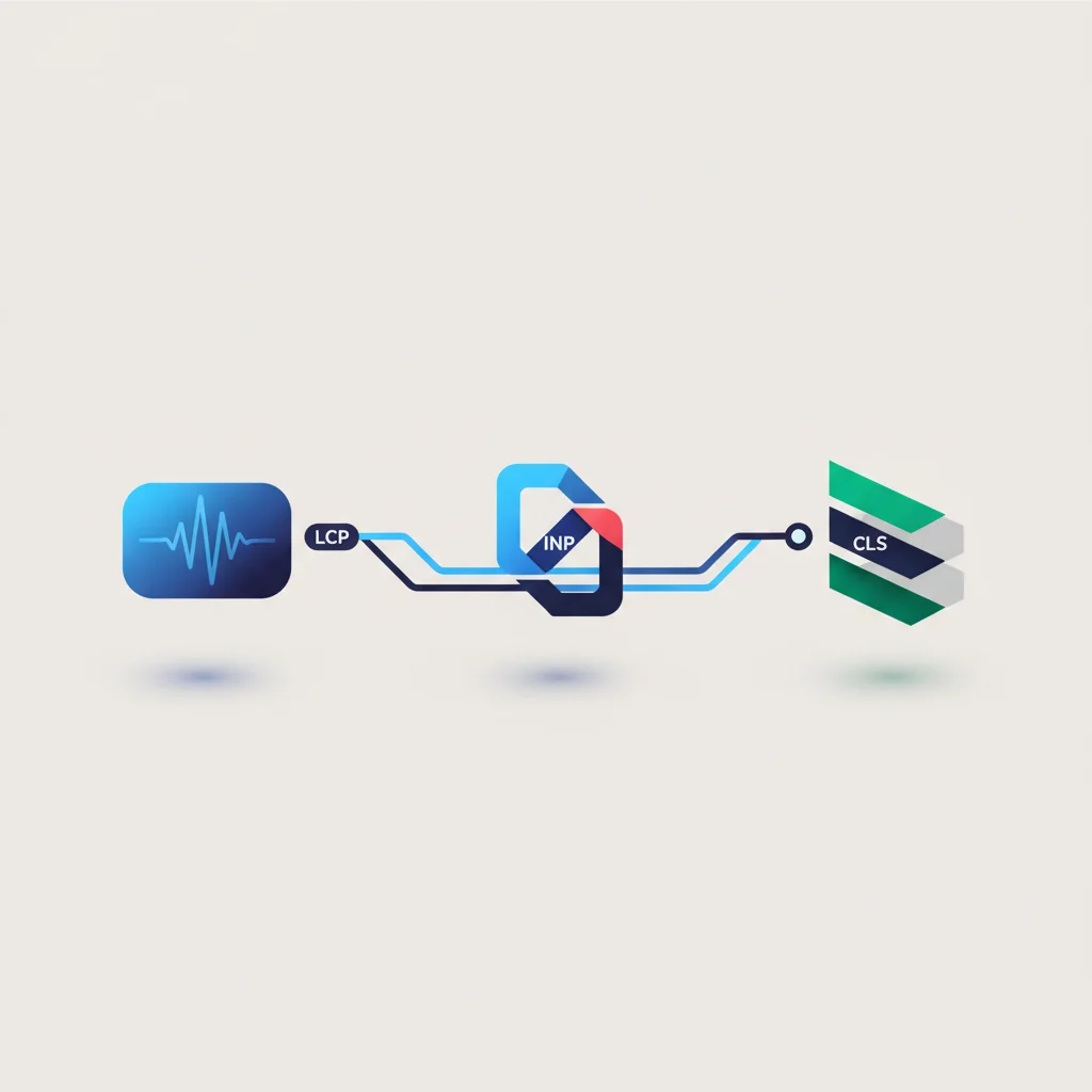 A symbolic technical visualization representing loading performance, interaction latency, and visual stability.