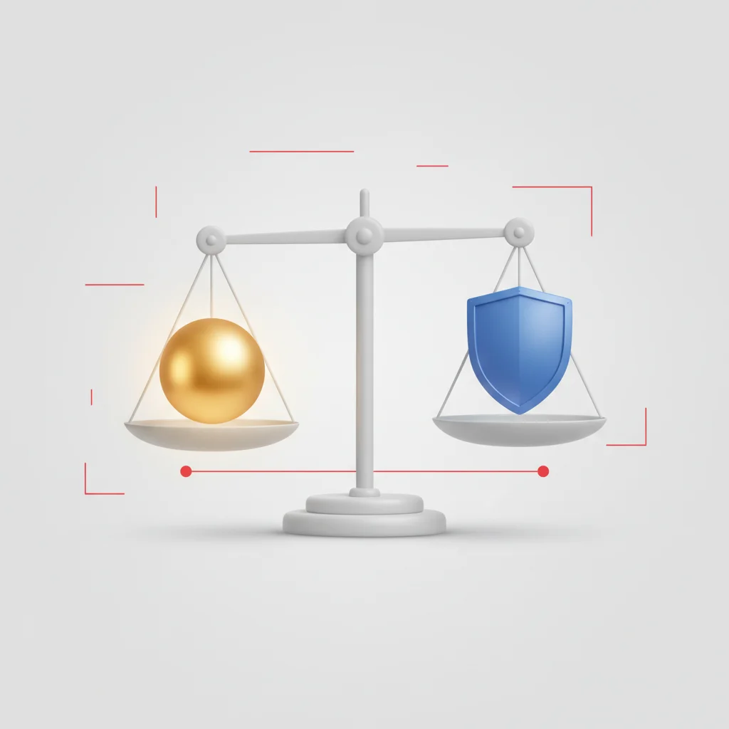 An abstract editorial graphic showing a balance scale weighing conversion metrics against customer frustration points.