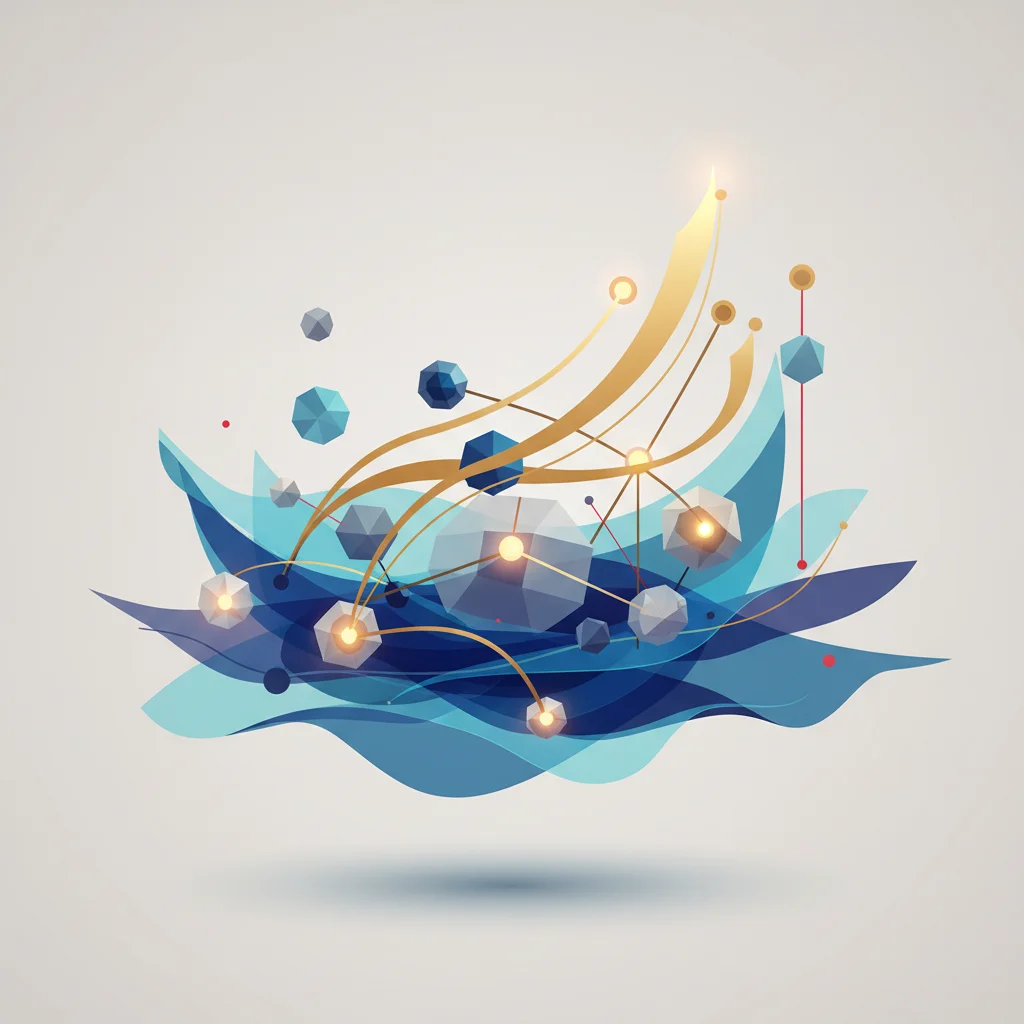 An abstract editorial illustration of connected geometric layers showing transactional value flow and digital e-commerce metrics.